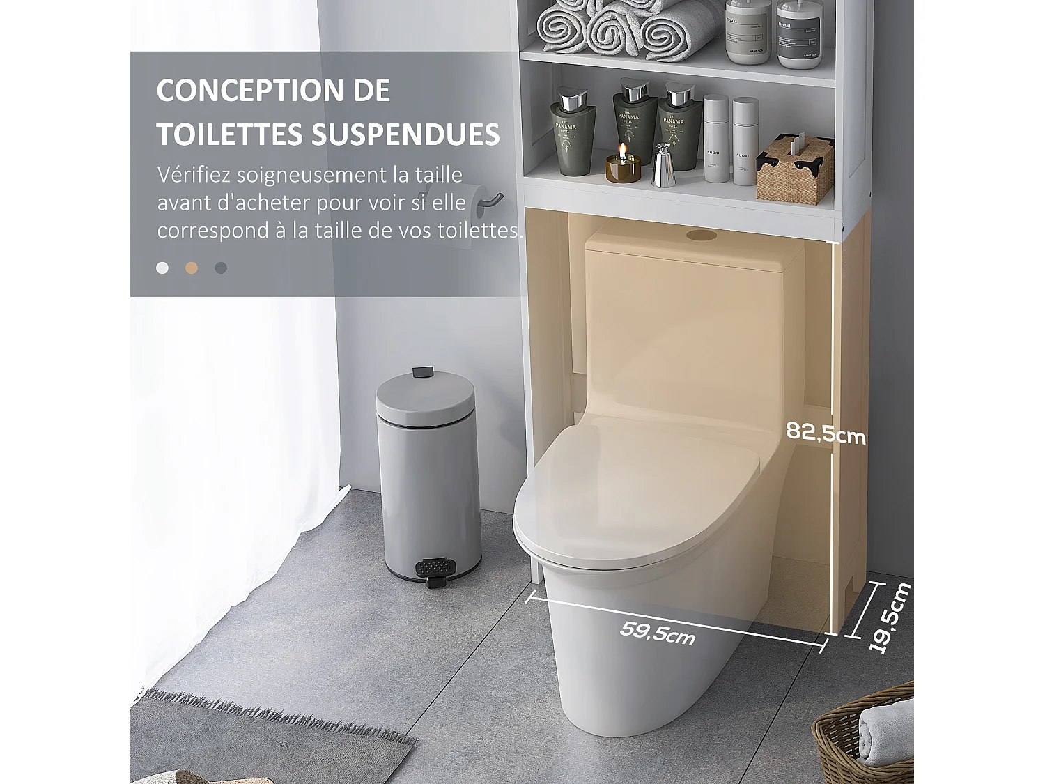 Meuble WC dessus de toilette style classique chic 2 portes 2 étagères poignées métal noir blanc