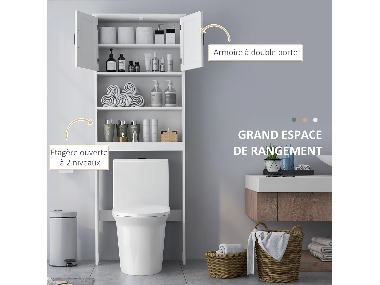 Meuble WC dessus de toilette style classique chic 2 portes 2 étagères poignées métal noir blanc