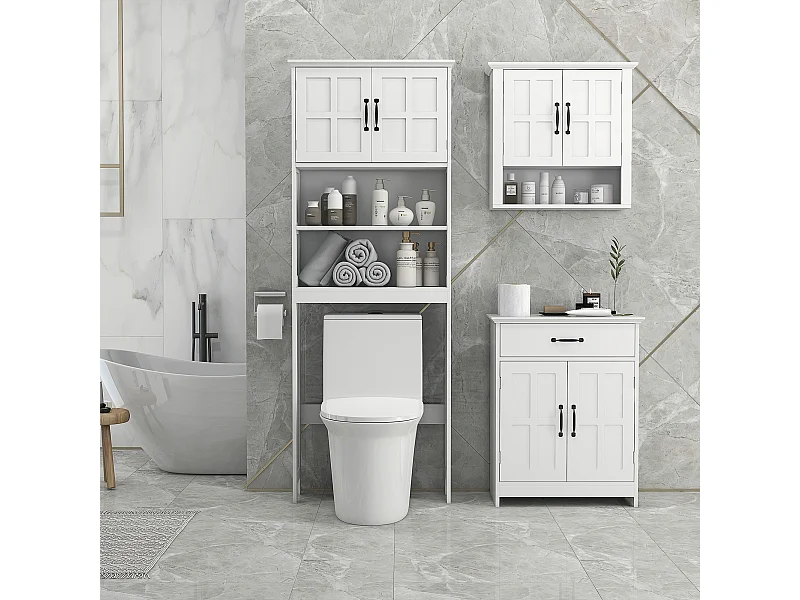 Meuble WC dessus de toilette style classique chic 2 portes 2 étagères poignées métal noir blanc