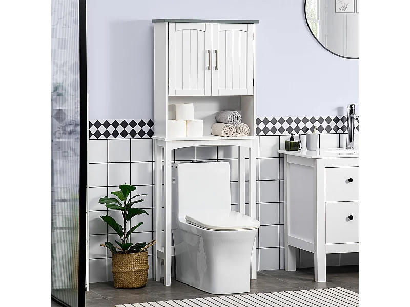 Meuble WC meuble dessus toilettes 2 portes étagère réglable niche dim. 64 x 22 x 165 cm blanc gris