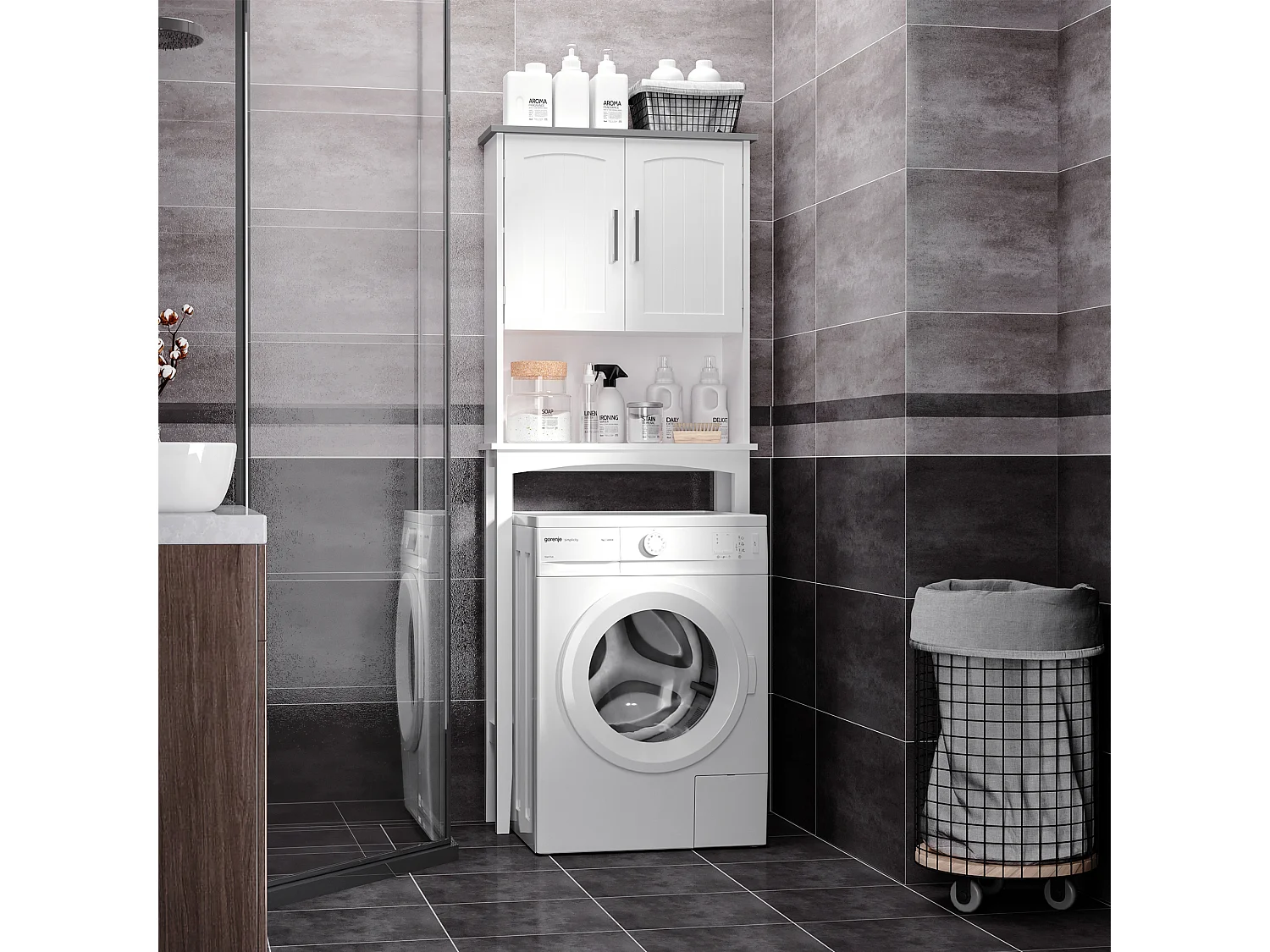 Meuble WC meuble dessus toilettes 2 portes étagère réglable niche dim. 64 x 22 x 165 cm blanc gris