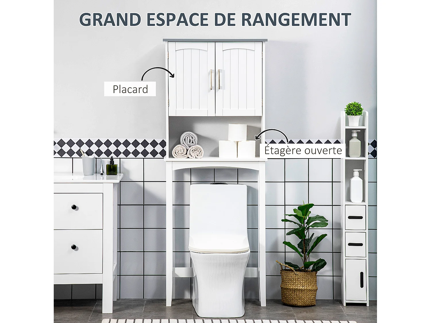 Meuble WC meuble dessus toilettes 2 portes étagère réglable niche dim. 64 x 22 x 165 cm blanc gris