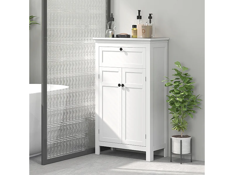 Meuble bas salle de bain style classique chic 2 portes 2 étagères tiroir blanc