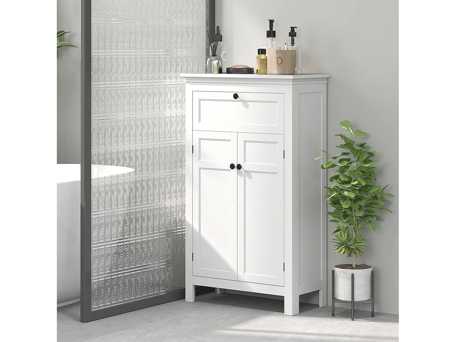 Meuble bas salle de bain style classique chic 2 portes 2 étagères tiroir blanc