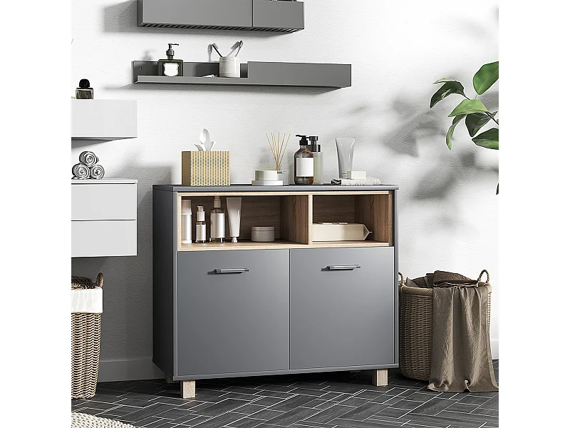 Meuble bas salle de bain design - 2 portes, 2 niches - gris effet bois clair naturel