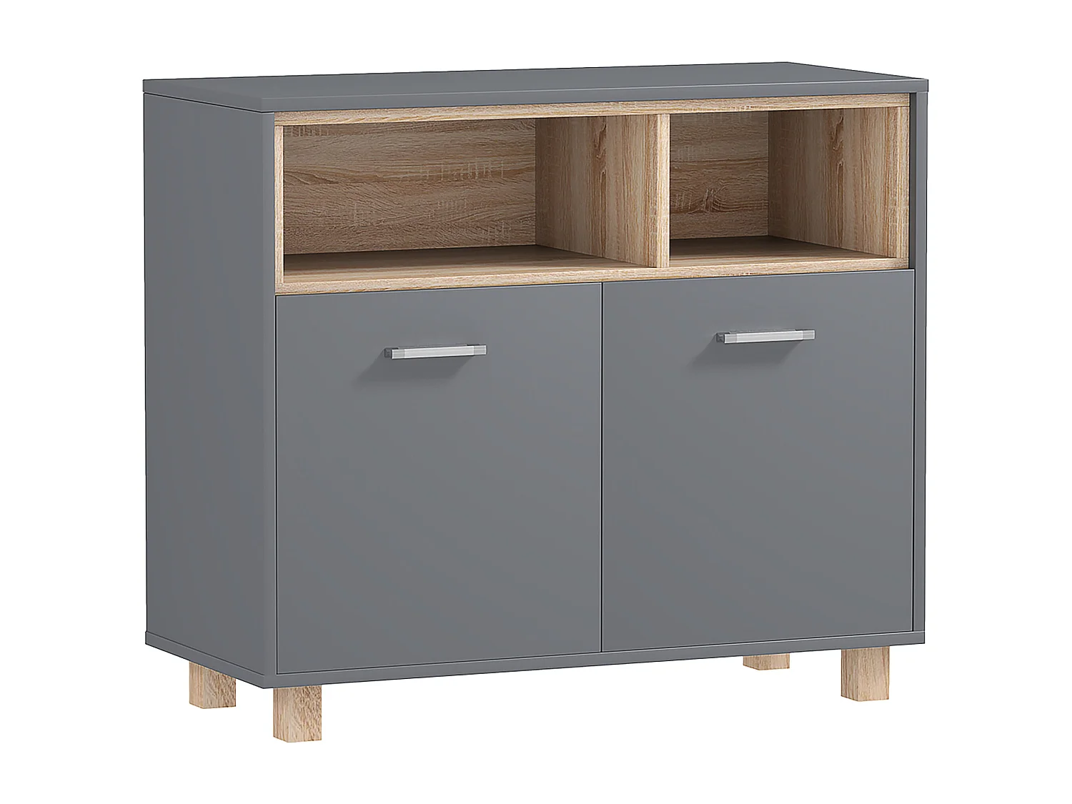 Meuble bas salle de bain design - 2 portes, 2 niches - gris effet bois clair naturel