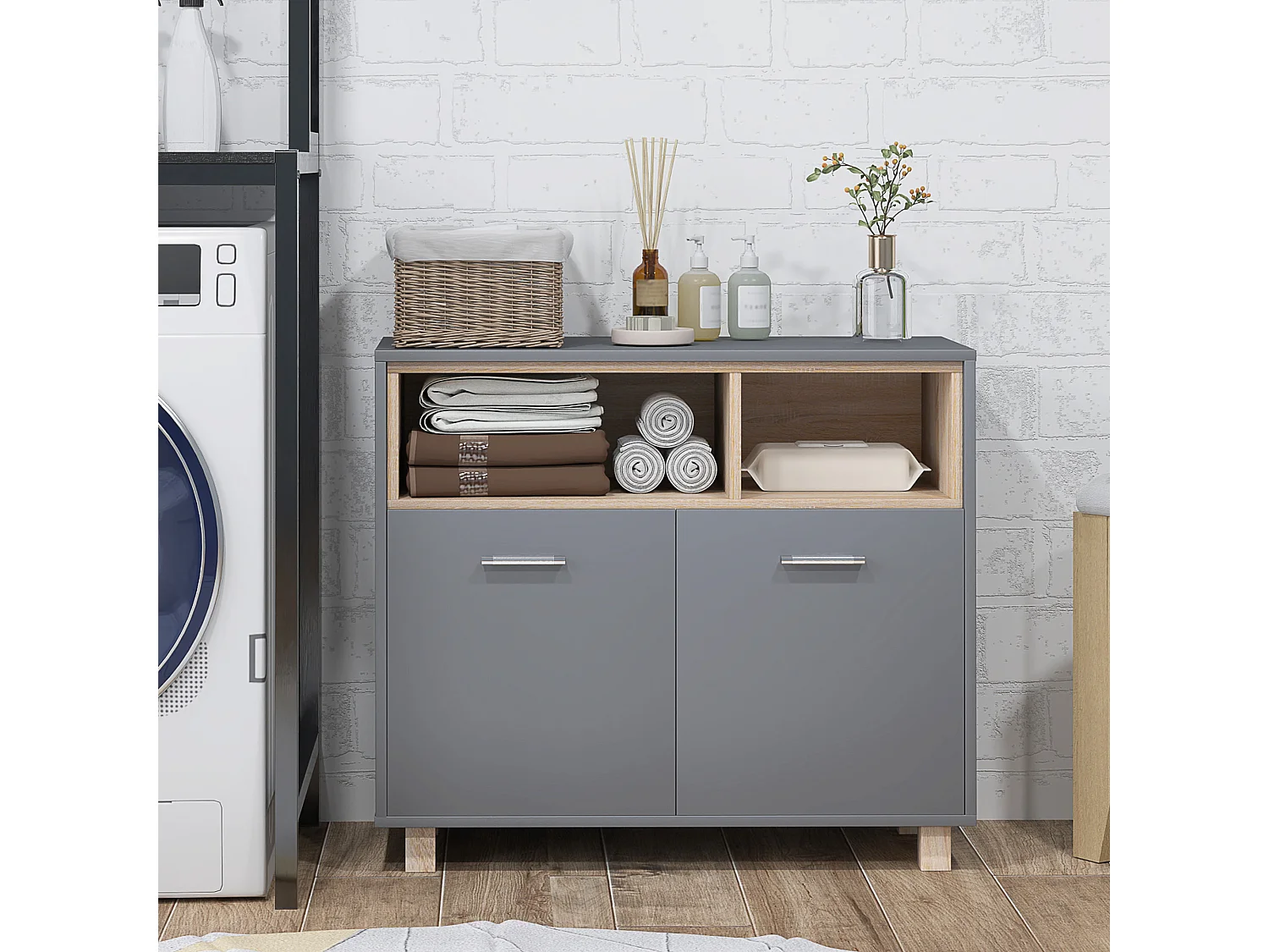 Meuble bas salle de bain design - 2 portes, 2 niches - gris effet bois clair naturel