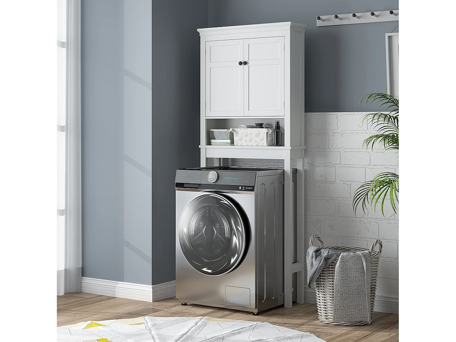 Meuble WC meuble dessus toilettes style classique chic 2 portes étagère niche blanc