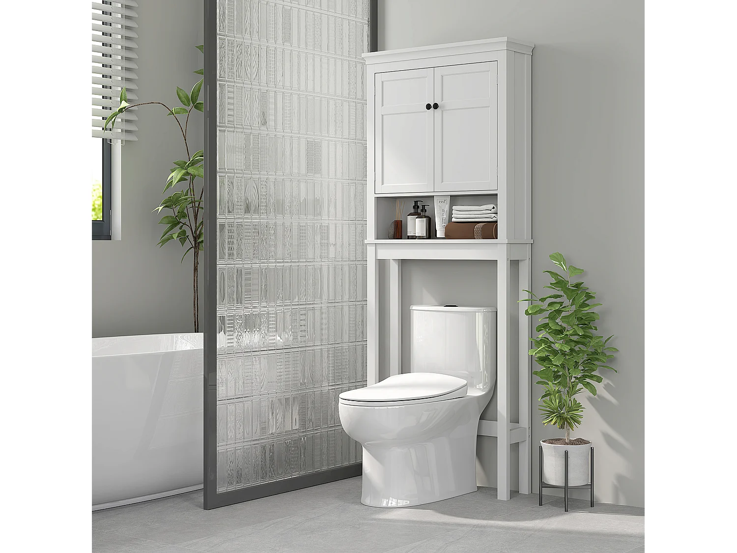 Meuble WC meuble dessus toilettes style classique chic 2 portes étagère niche blanc