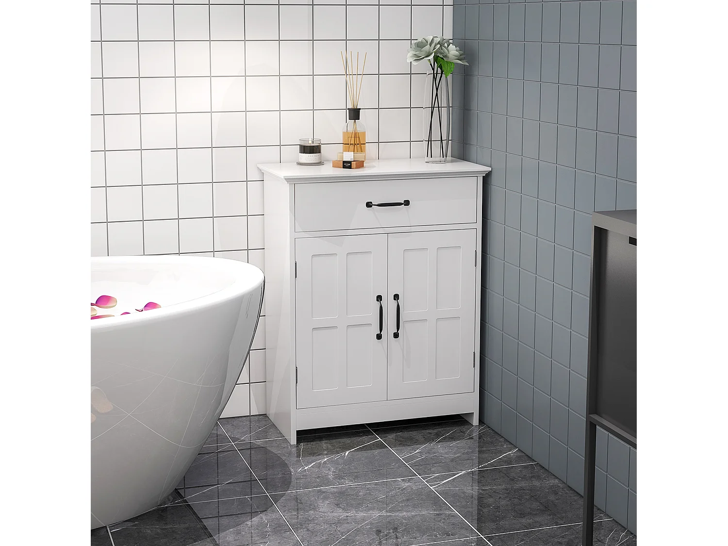 Meuble salle de bain - meuble bas 2 portes étagère tiroir - 60x30x75cm - blanc noir