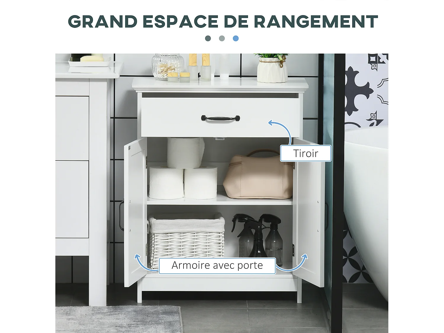 Meuble salle de bain - meuble bas 2 portes étagère tiroir - 60x30x75cm - blanc noir