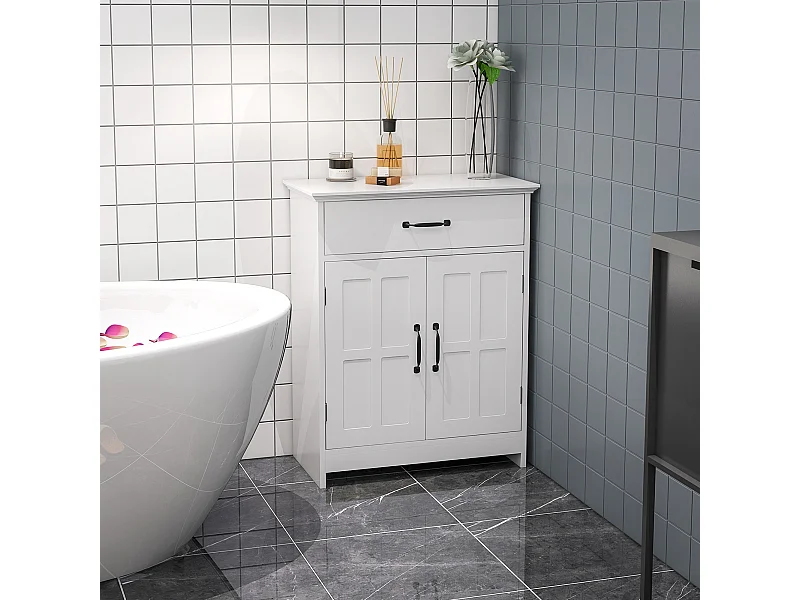Meuble salle de bain - meuble bas 2 portes étagère tiroir - 60x30x75cm - blanc noir