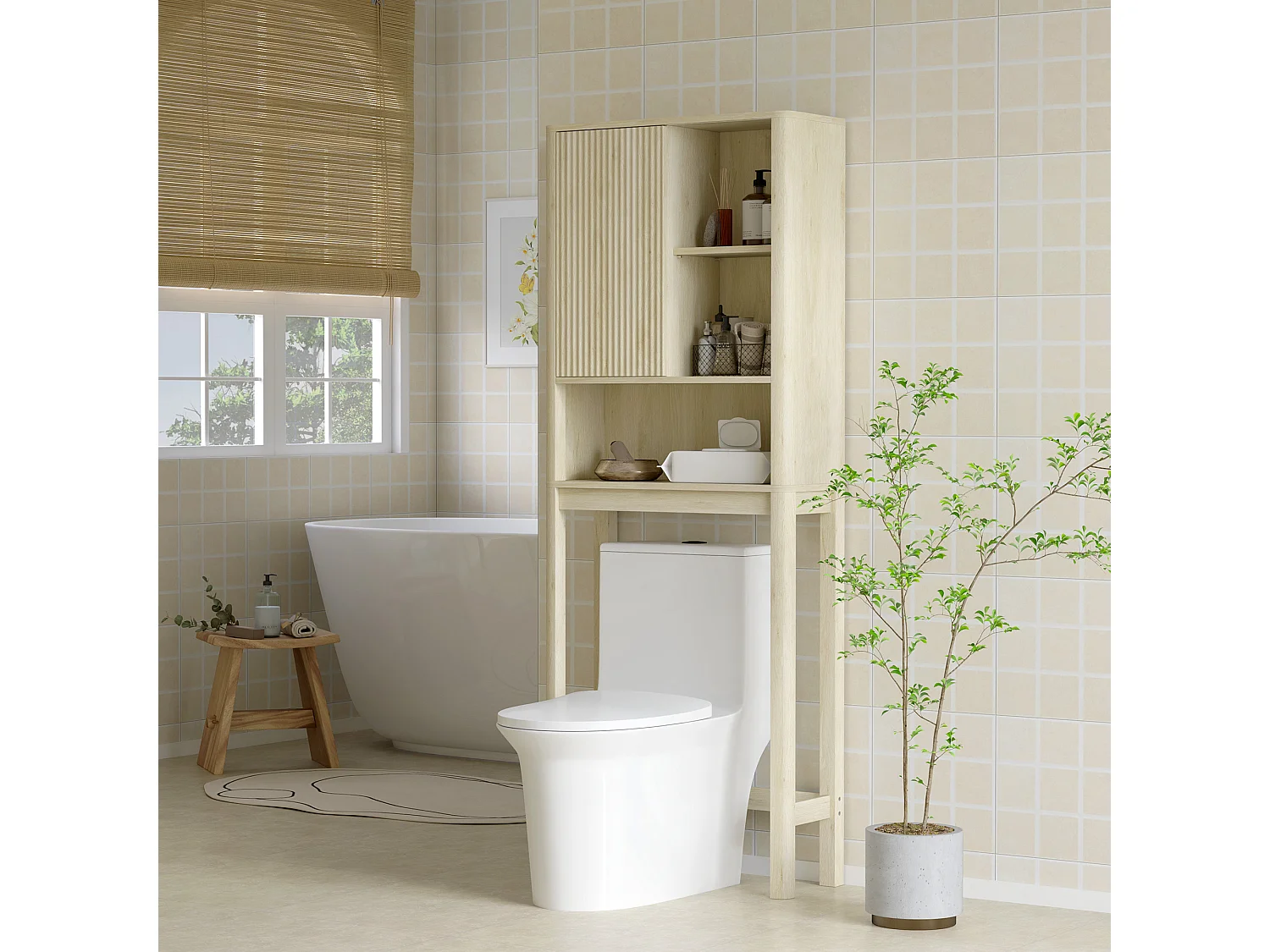 Meuble WC dessus de toilette style bohème - porte coulissante, étagère, niche - effet bois clair