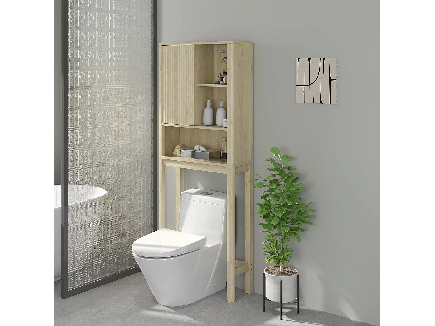 Meuble WC dessus de toilette style bohème - porte coulissante, étagère, niche - effet bois clair