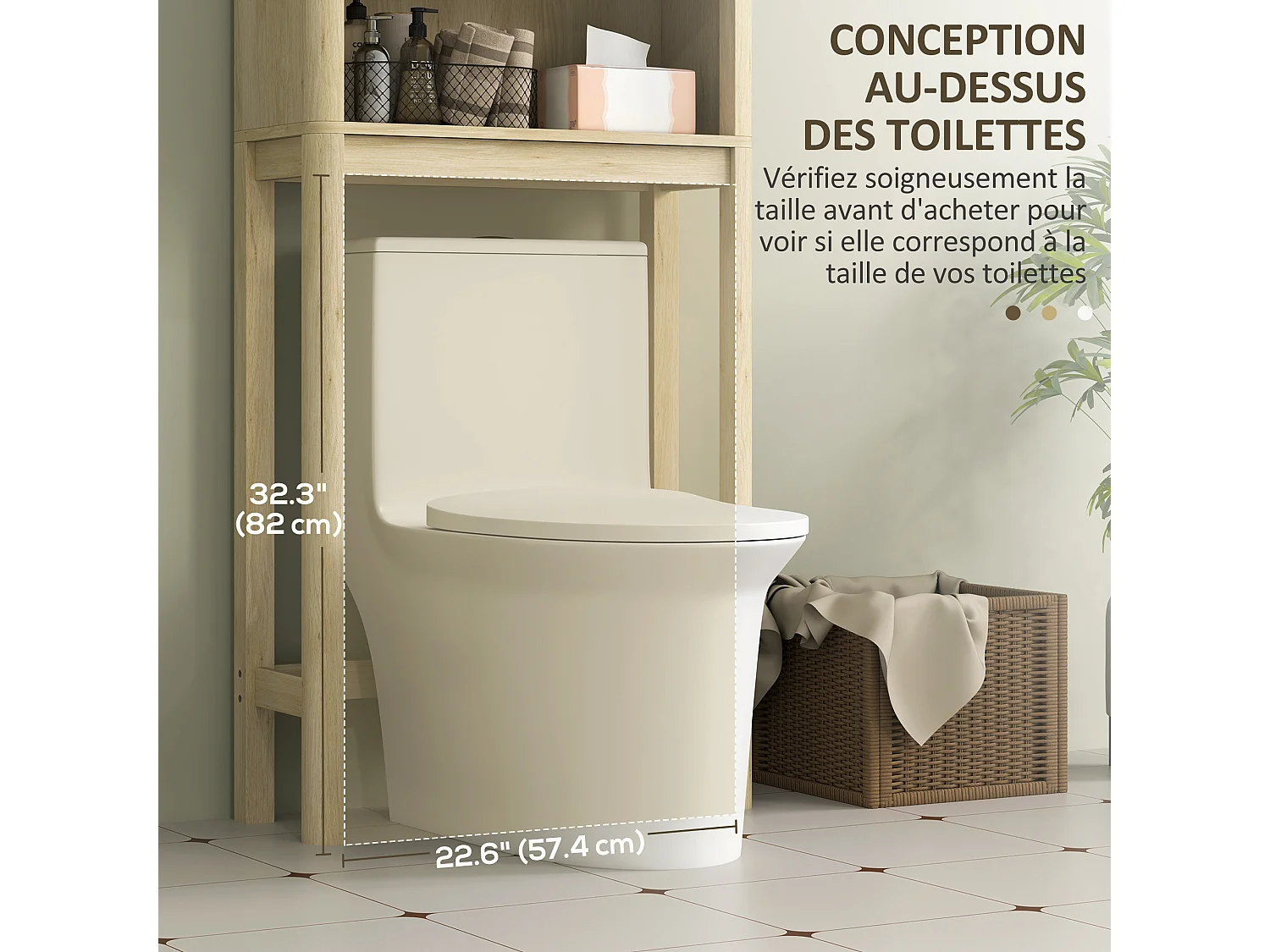 Meuble WC dessus de toilette style bohème - porte coulissante, étagère, niche - effet bois clair