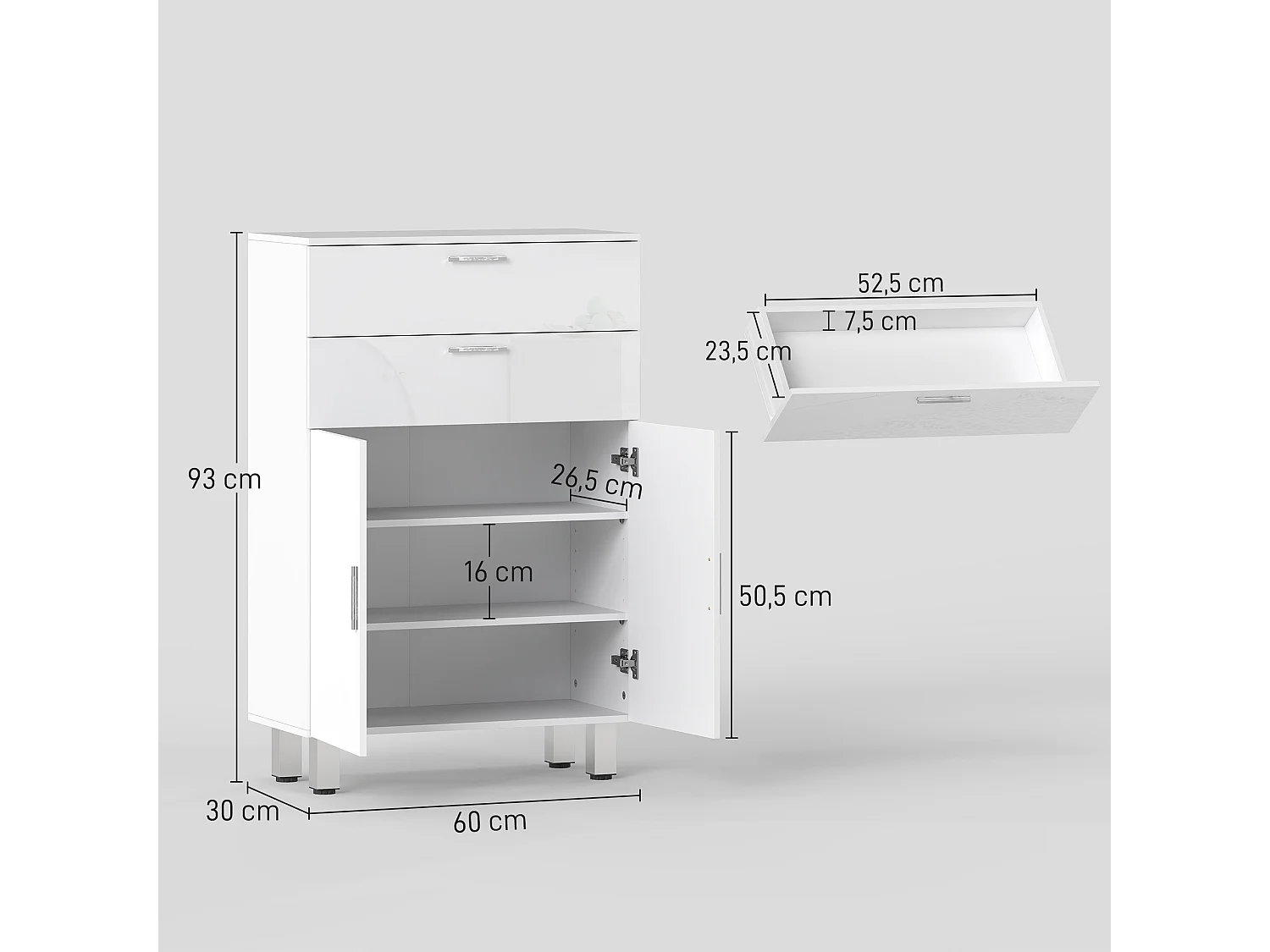 Meuble bas salle de bain façade blanc laqué 2 portes 2 étagères 2 tiroirs