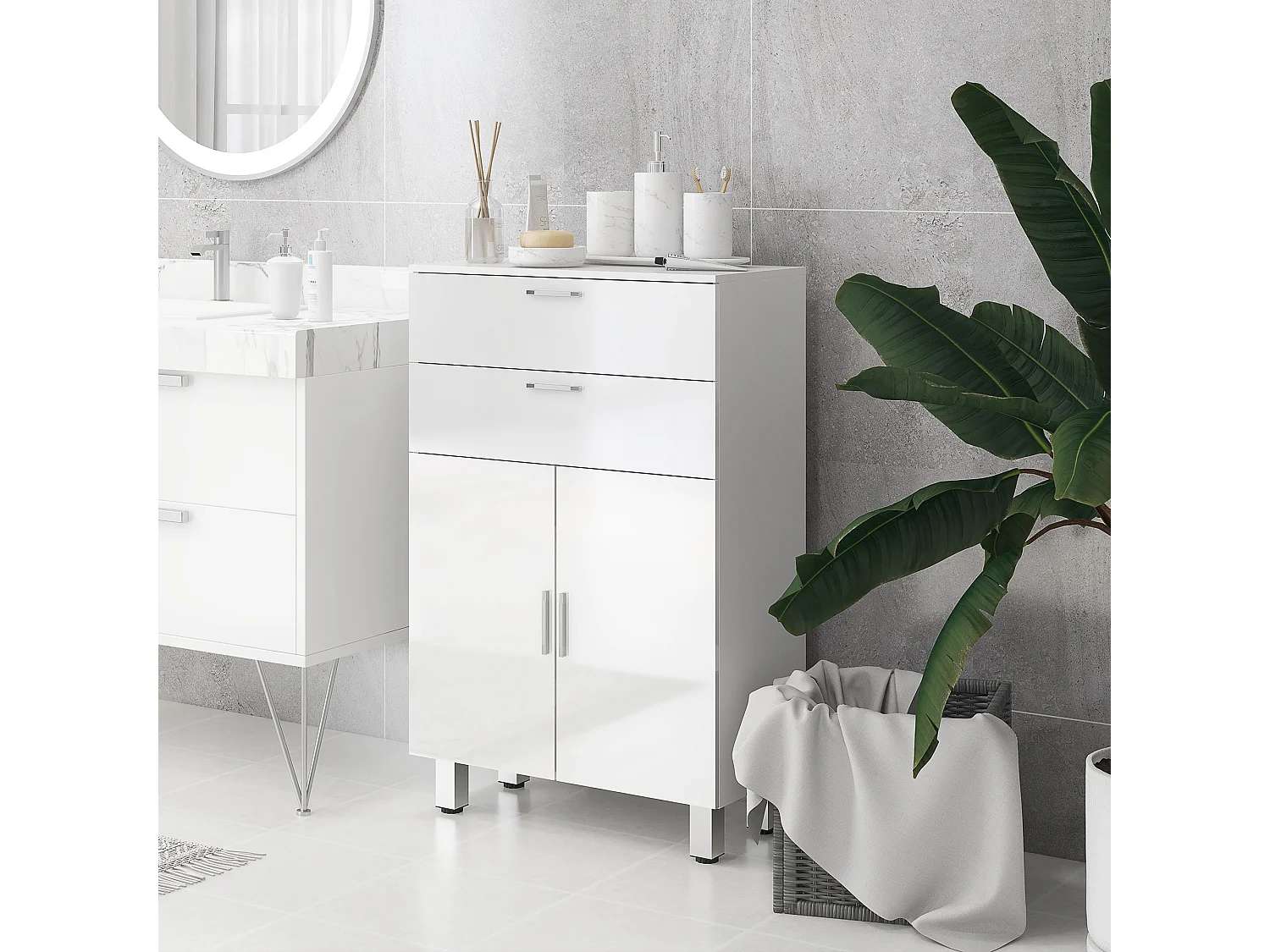 Meuble bas salle de bain façade blanc laqué 2 portes 2 étagères 2 tiroirs