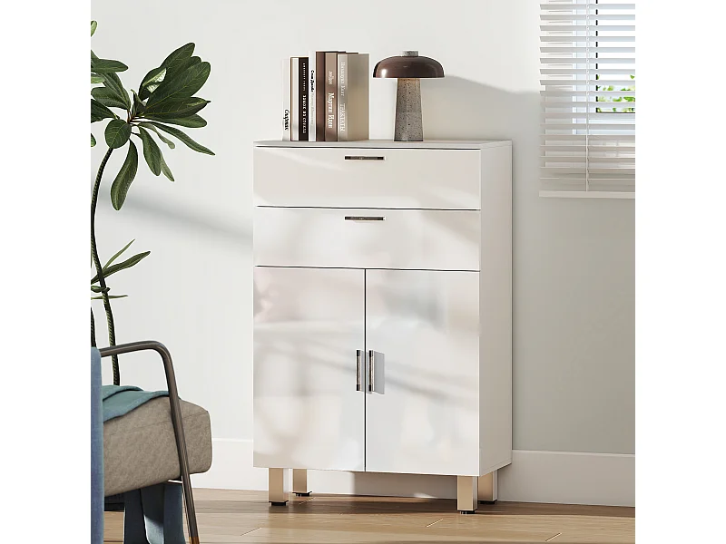 Meuble bas salle de bain façade blanc laqué 2 portes 2 étagères 2 tiroirs