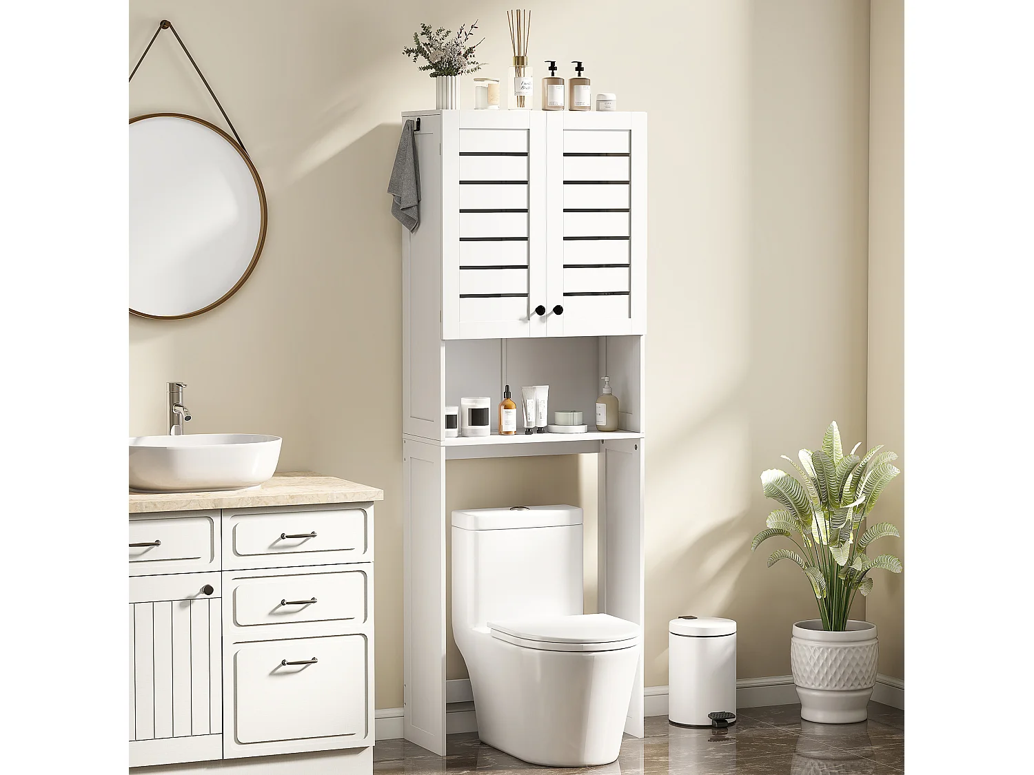 Meuble WC meuble dessus toilettes style classique chic 2 portes étagère niche blanc