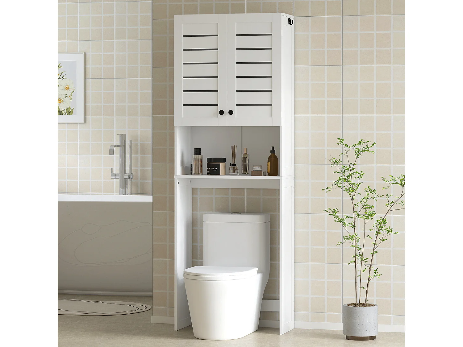 Meuble WC meuble dessus toilettes style classique chic 2 portes étagère niche blanc