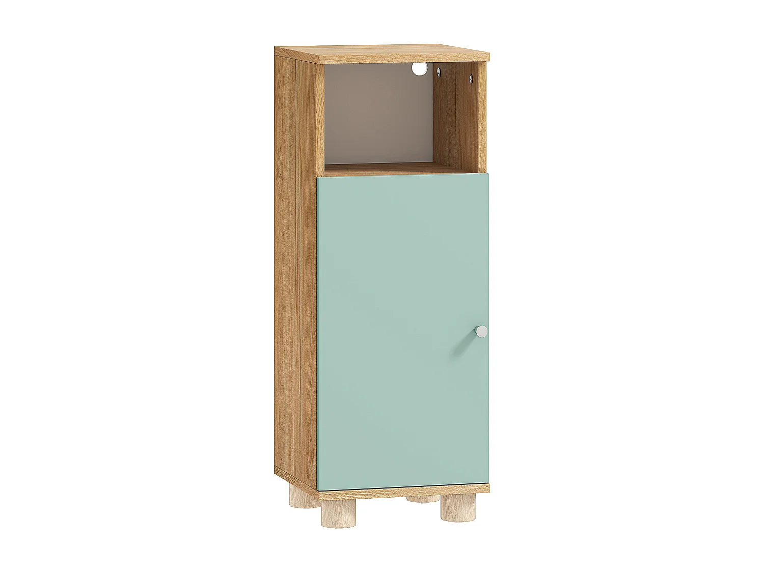 Meuble salle de bain design nordique porte étagère niche effet bois clair vert d'eau