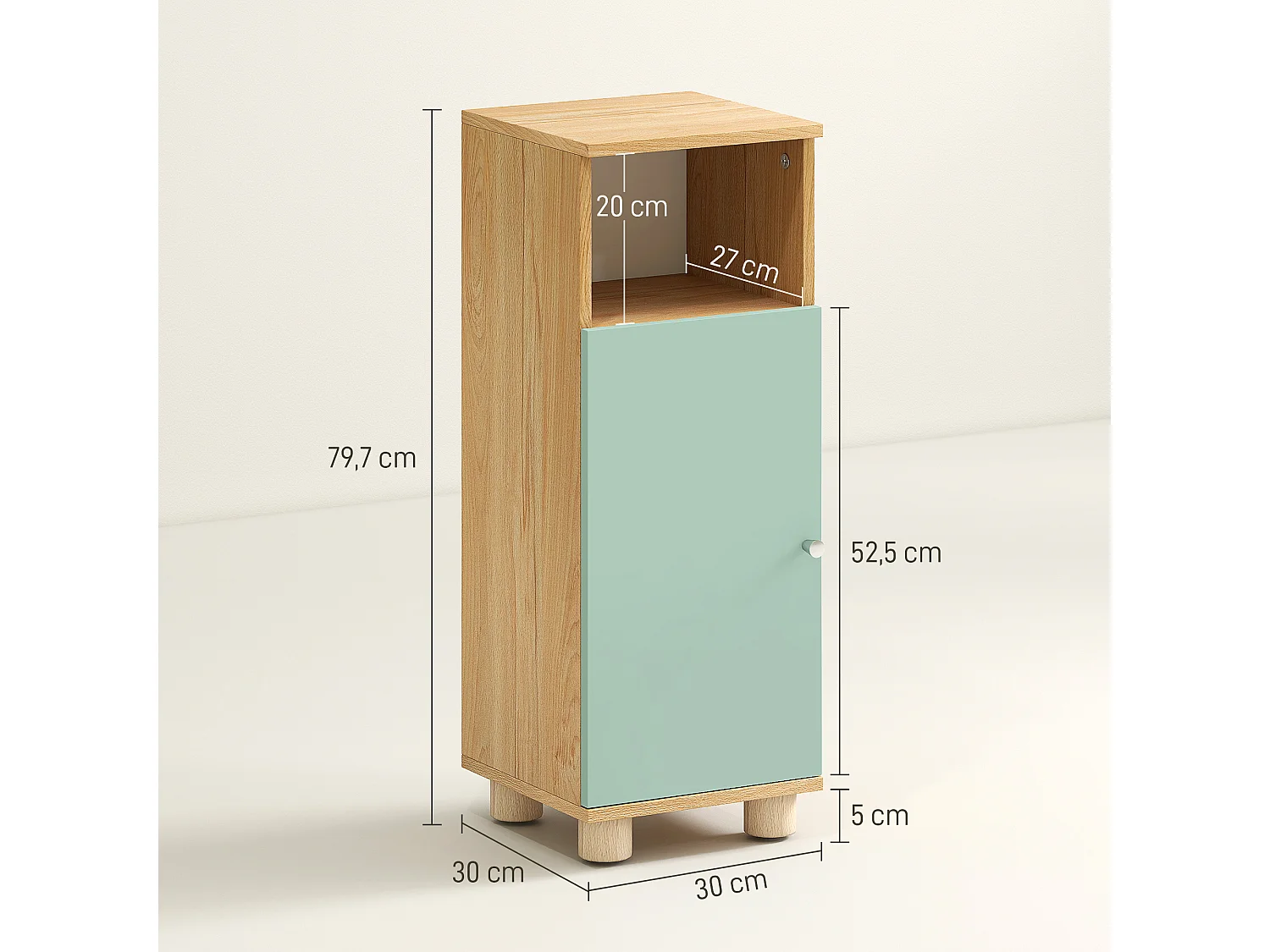 Meuble salle de bain design nordique porte étagère niche effet bois clair vert d'eau