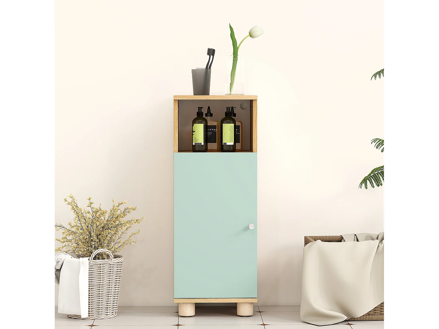 Meuble salle de bain design nordique porte étagère niche effet bois clair vert d'eau