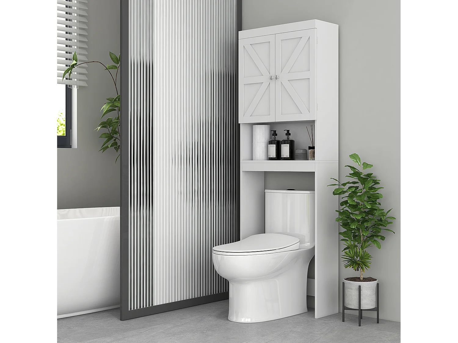 Meuble WC - rangement au-dessus des toilettes - 2 portes croisillons, niche - blanc