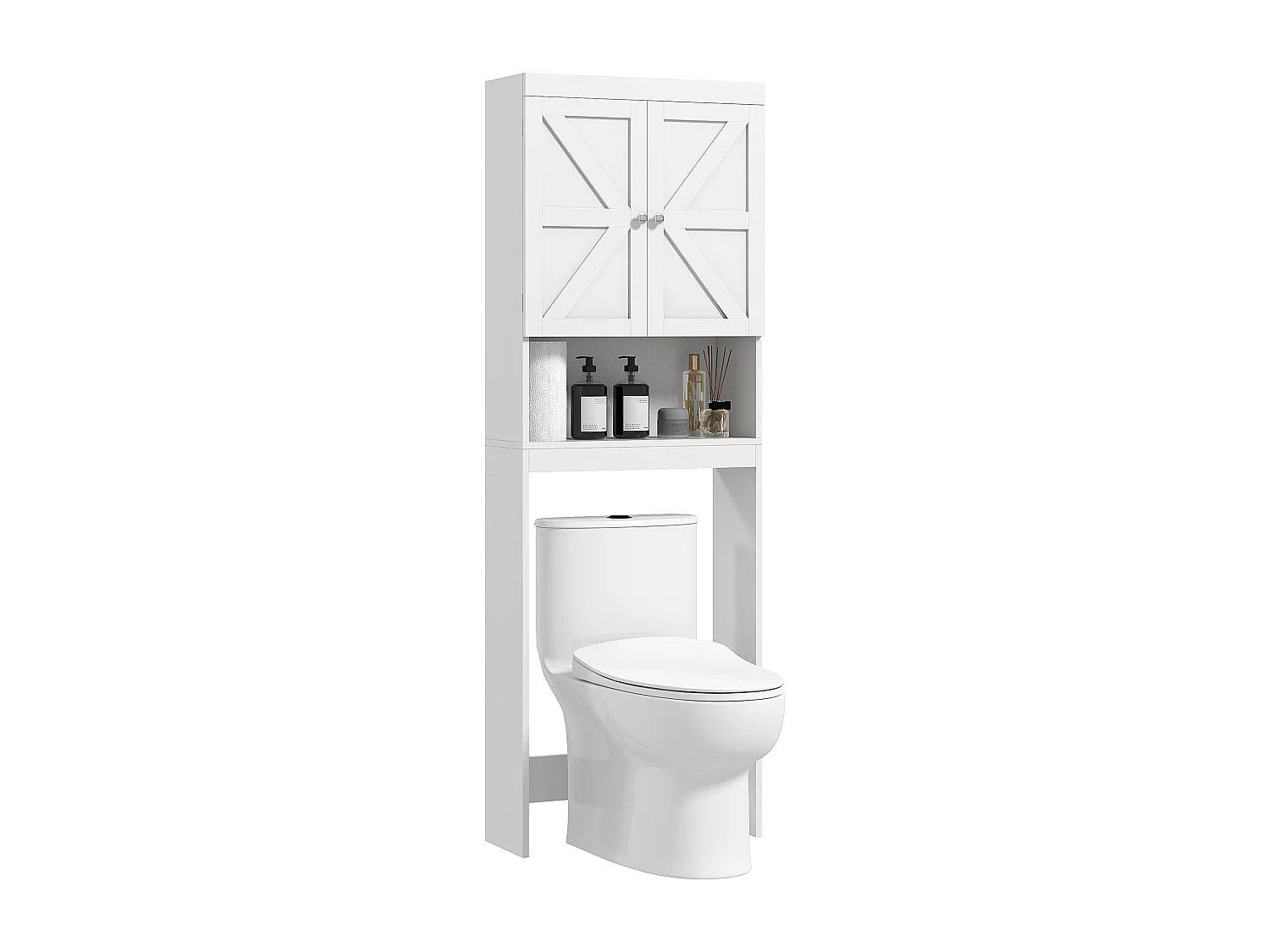 Meuble WC - rangement au-dessus des toilettes - 2 portes croisillons, niche - blanc