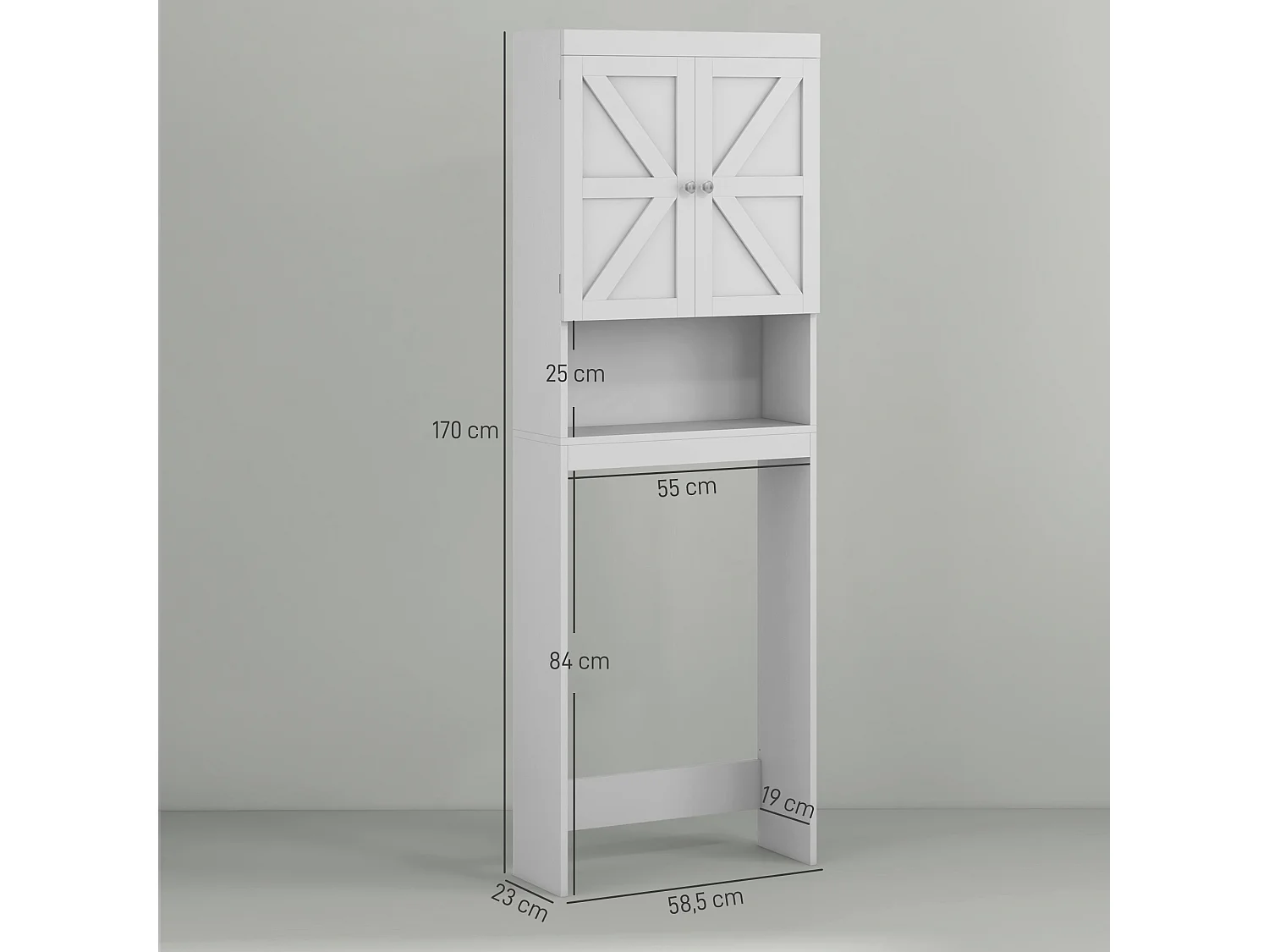 Meuble WC - rangement au-dessus des toilettes - 2 portes croisillons, niche - blanc