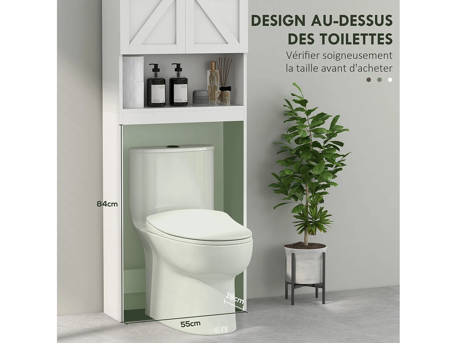 Meuble WC - rangement au-dessus des toilettes - 2 portes croisillons, niche - blanc