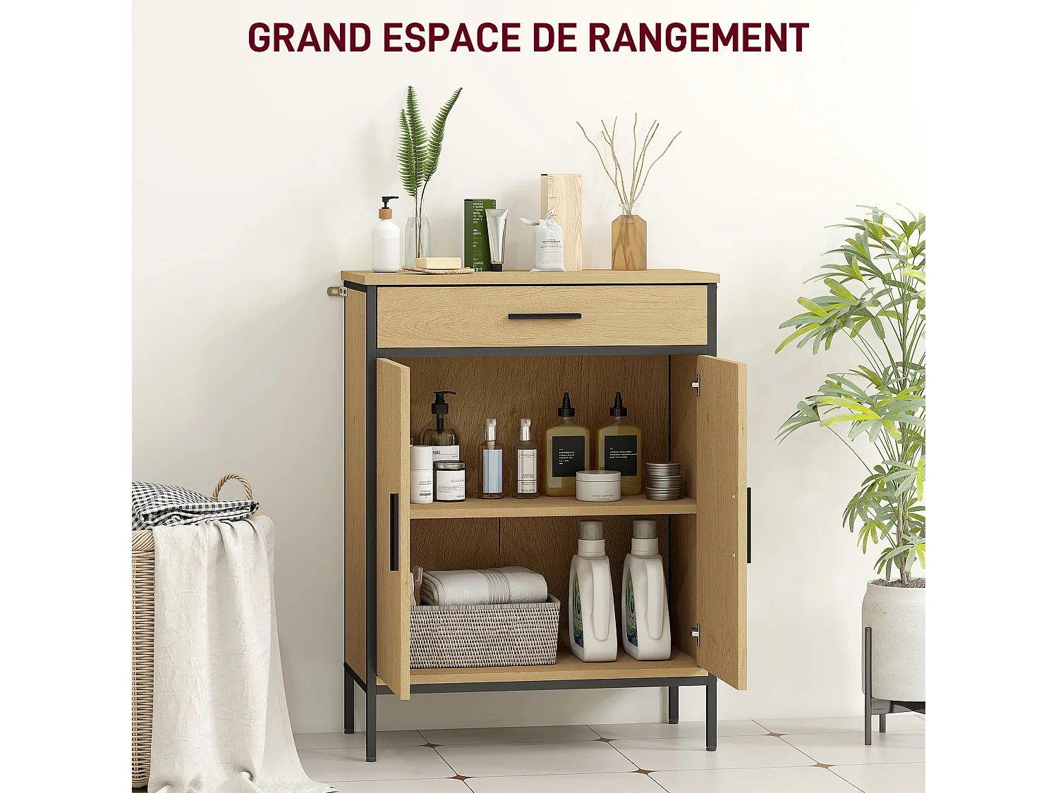 Meuble bas de salle de bain métal bois style industriel - buffet 2 portes étagère tiroir - dim. 60 x 30 x 80 cm