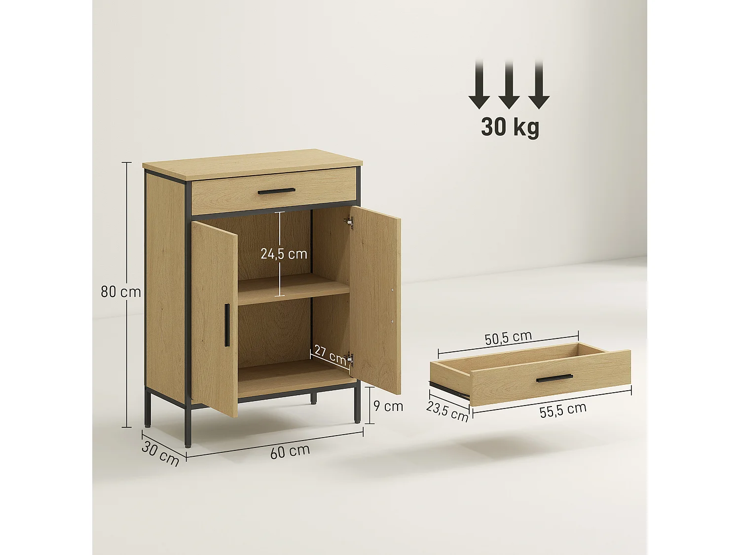 Meuble bas de salle de bain métal bois style industriel - buffet 2 portes étagère tiroir - dim. 60 x 30 x 80 cm