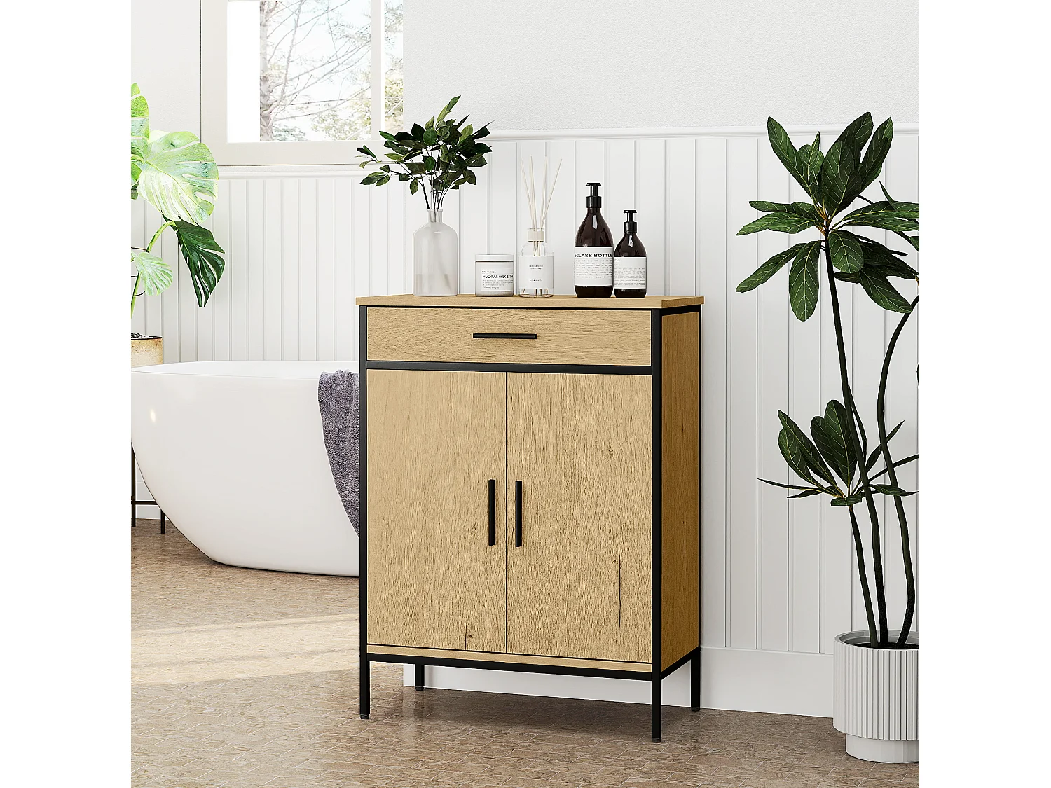 Meuble bas de salle de bain métal bois style industriel - buffet 2 portes étagère tiroir - dim. 60 x 30 x 80 cm