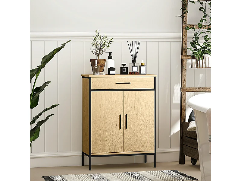 Meuble bas de salle de bain métal bois style industriel - buffet 2 portes étagère tiroir - dim. 60 x 30 x 80 cm