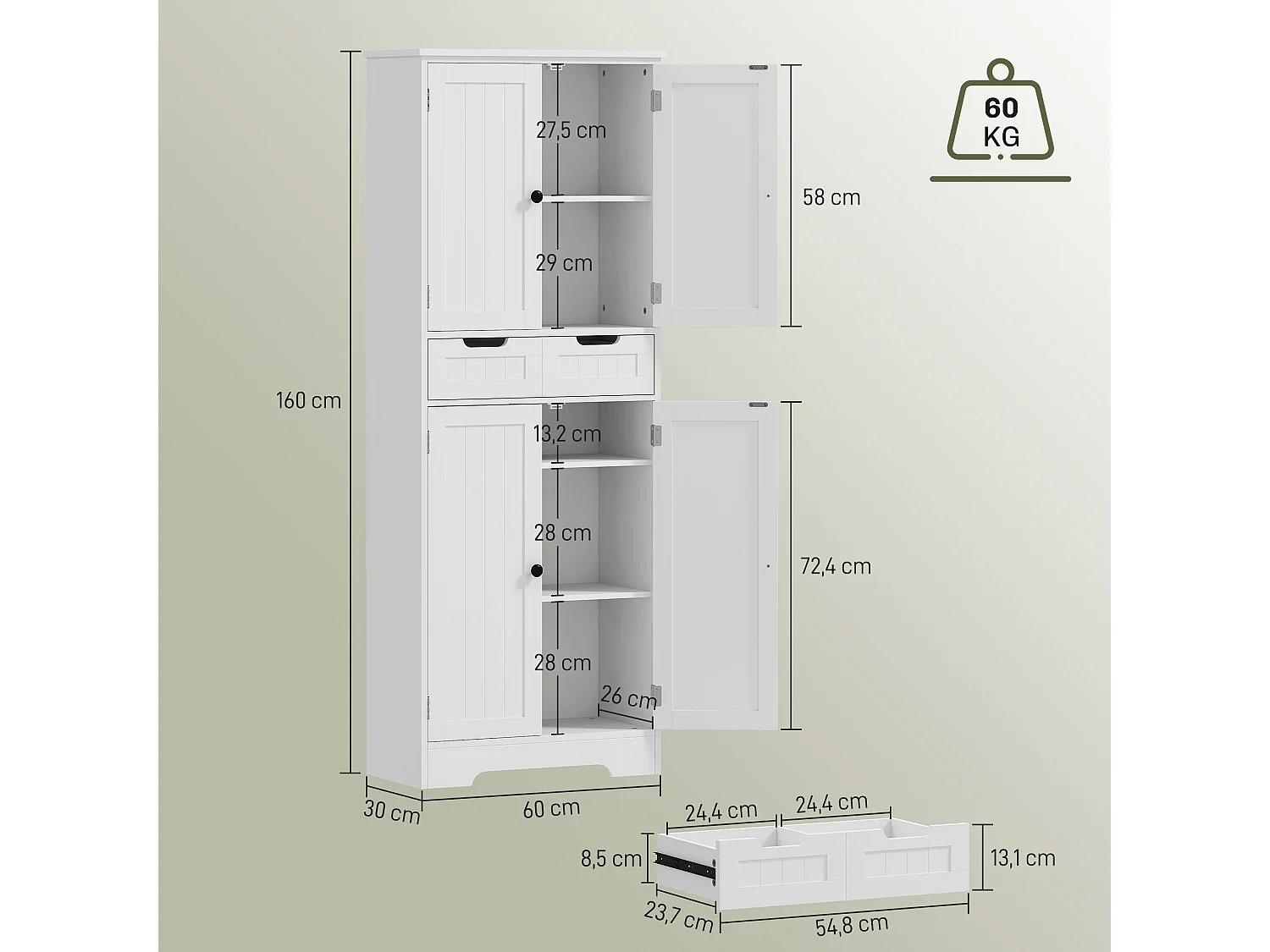 Meuble haut salle de bain 4 portes 3 étagères tiroir dim. 60 x 30 x 160 cm blanc