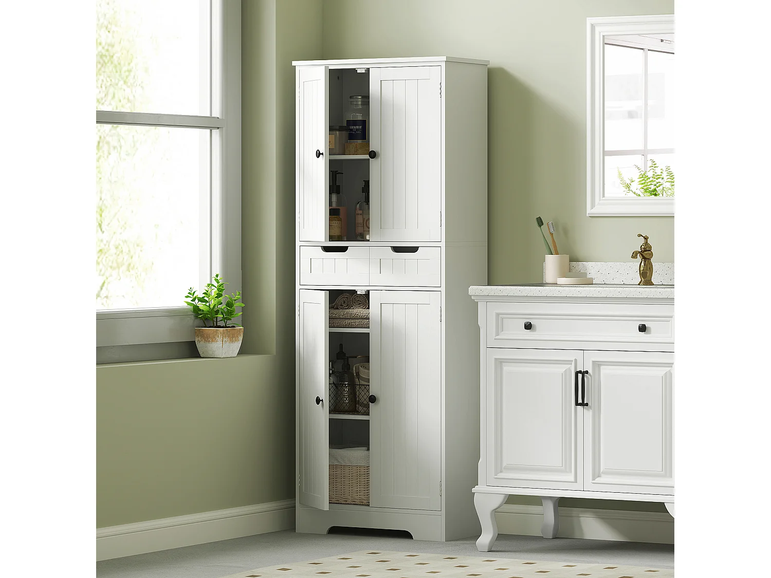 Meuble haut salle de bain 4 portes 3 étagères tiroir dim. 60 x 30 x 160 cm blanc