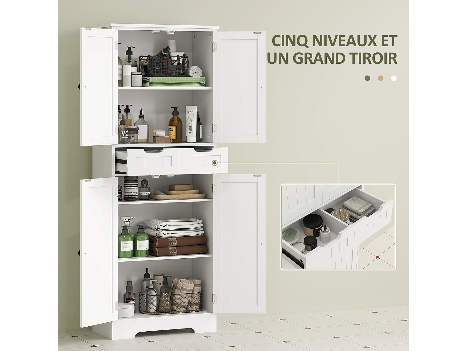 Meuble haut salle de bain 4 portes 3 étagères tiroir dim. 60 x 30 x 160 cm blanc