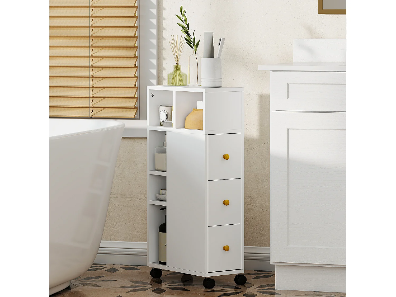 Meuble salle de bain WC mobile 3 tiroirs 5 niches poignées boutons bois blanc