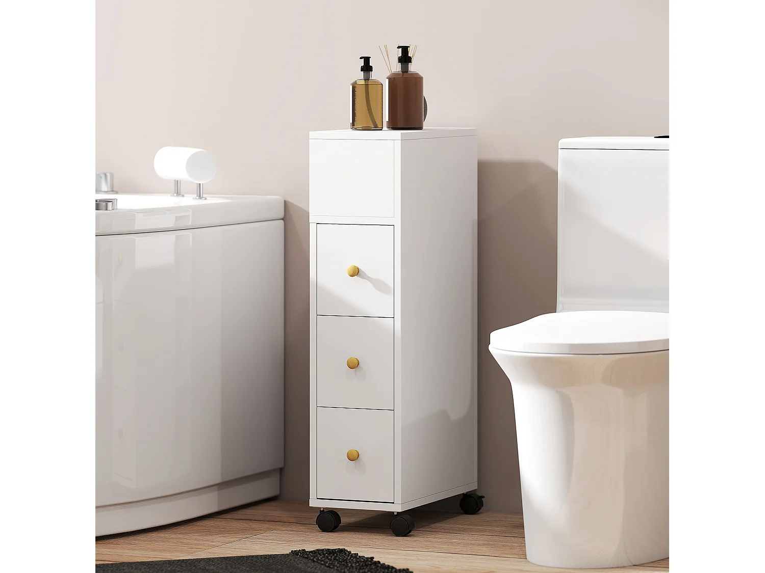 Meuble salle de bain WC mobile 3 tiroirs 5 niches poignées boutons bois blanc