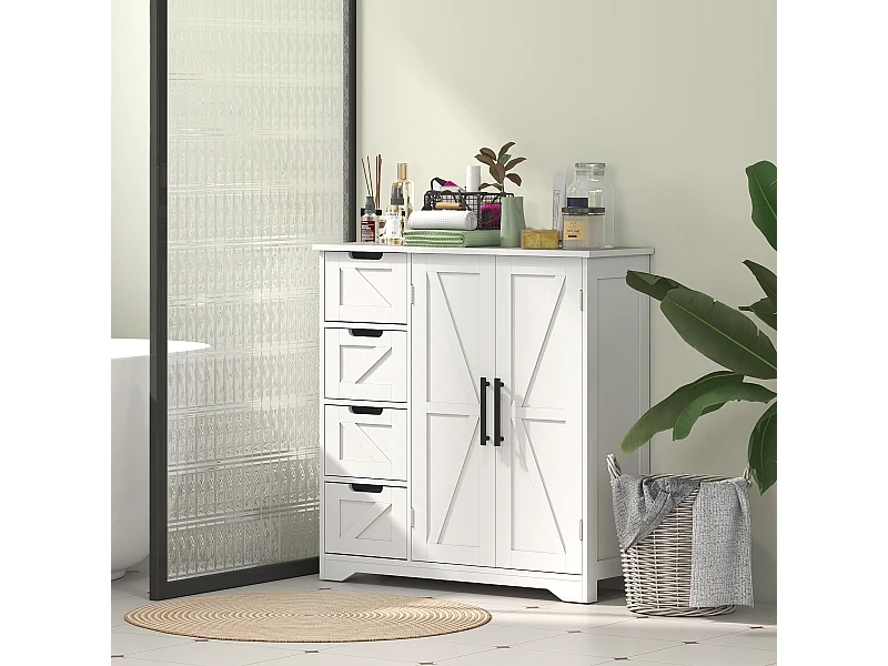 Meuble de Salle de Bain HOMCOM Blanc avec 4 Tiroirs et Placard - Style Ferme et Élégant