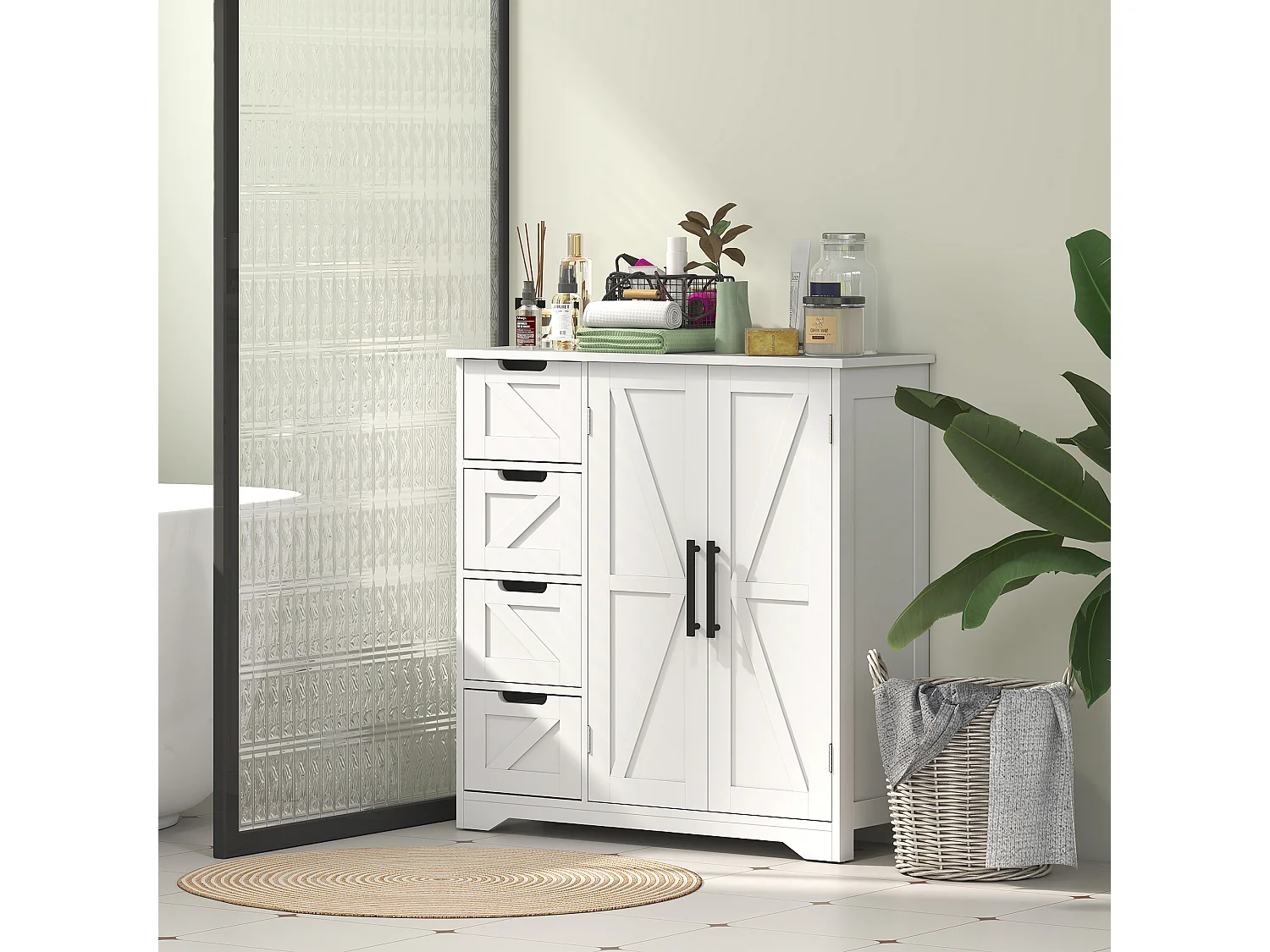 Meuble de Salle de Bain HOMCOM Blanc avec 4 Tiroirs et Placard - Style Ferme et Élégant