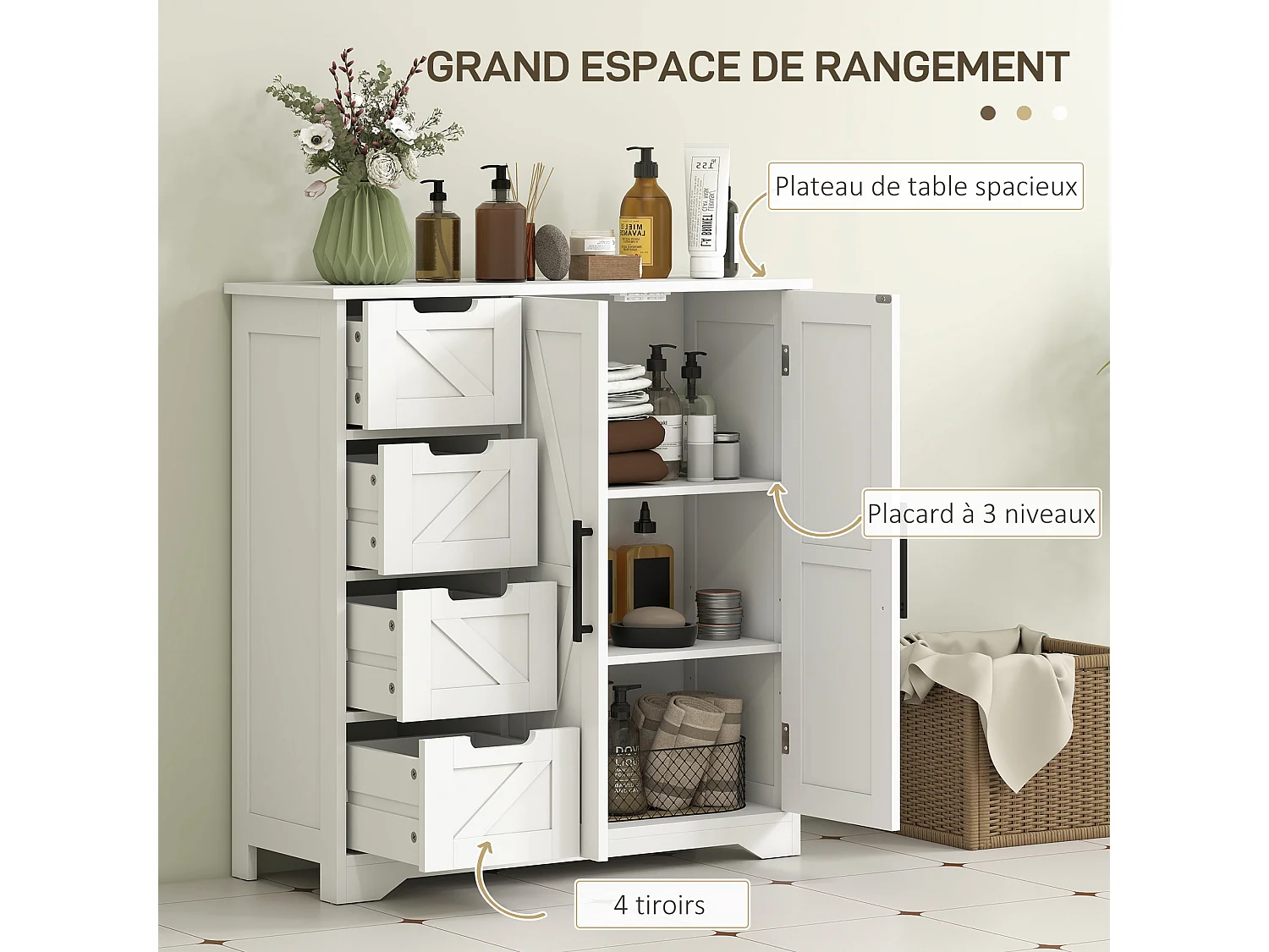 Meuble de Salle de Bain HOMCOM Blanc avec 4 Tiroirs et Placard - Style Ferme et Élégant