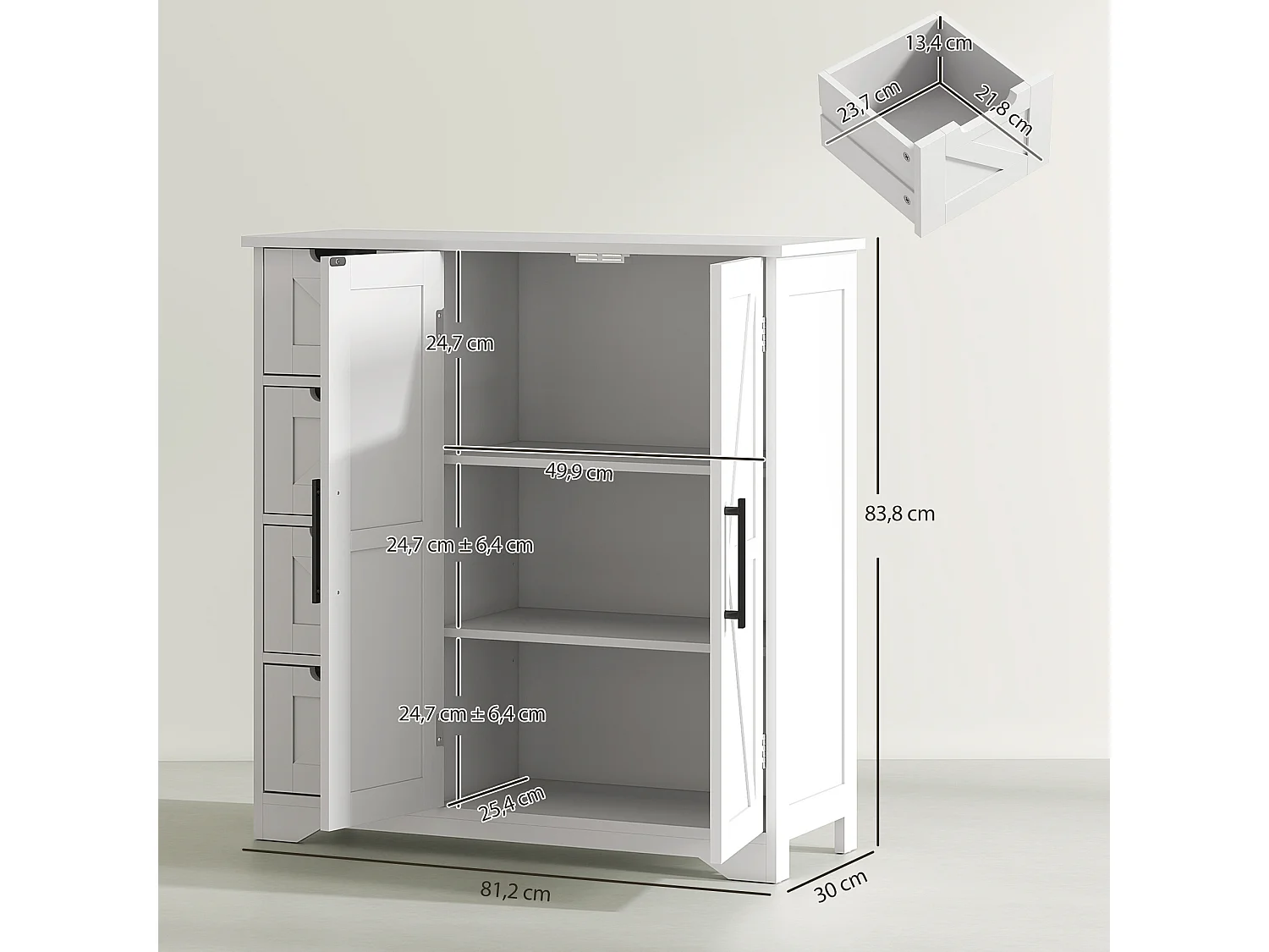 Badkamerkast HOMCOM Wit met 4 Laden en Kast - Rustieke en Elegante Stijl