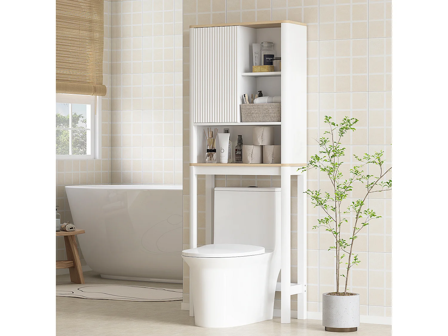 Meuble WC dessus de toilette style bohème - porte coulissante, étagère, niche - effet bois clair blanc