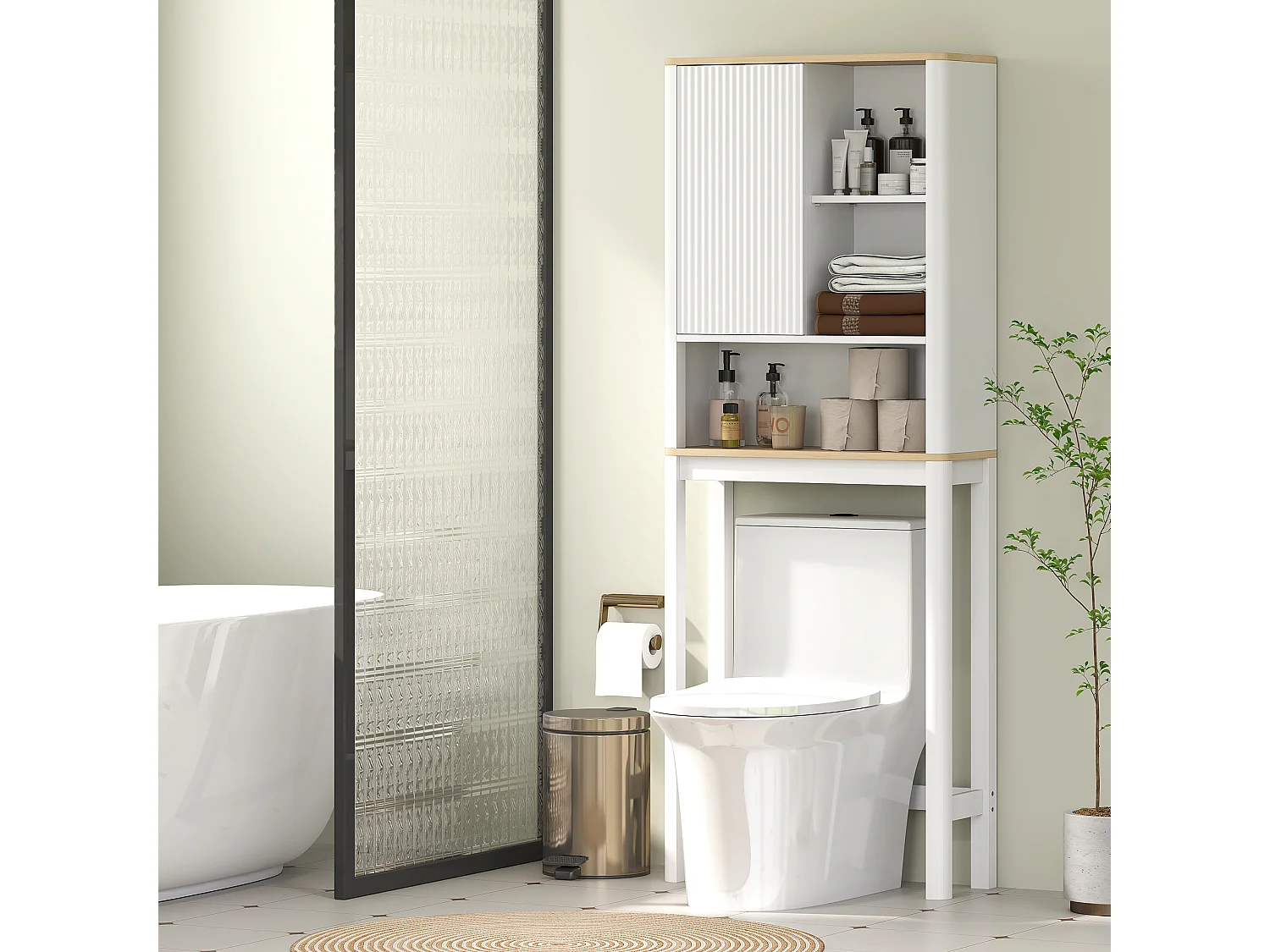 Meuble WC dessus de toilette style bohème - porte coulissante, étagère, niche - effet bois clair blanc