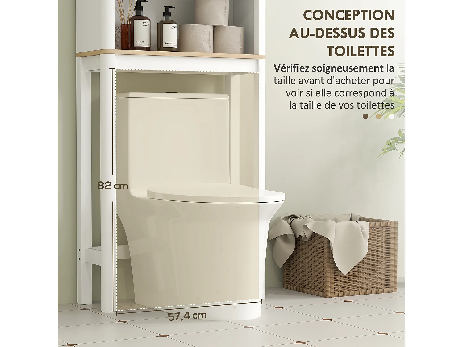 Meuble WC dessus de toilette style bohème - porte coulissante, étagère, niche - effet bois clair blanc