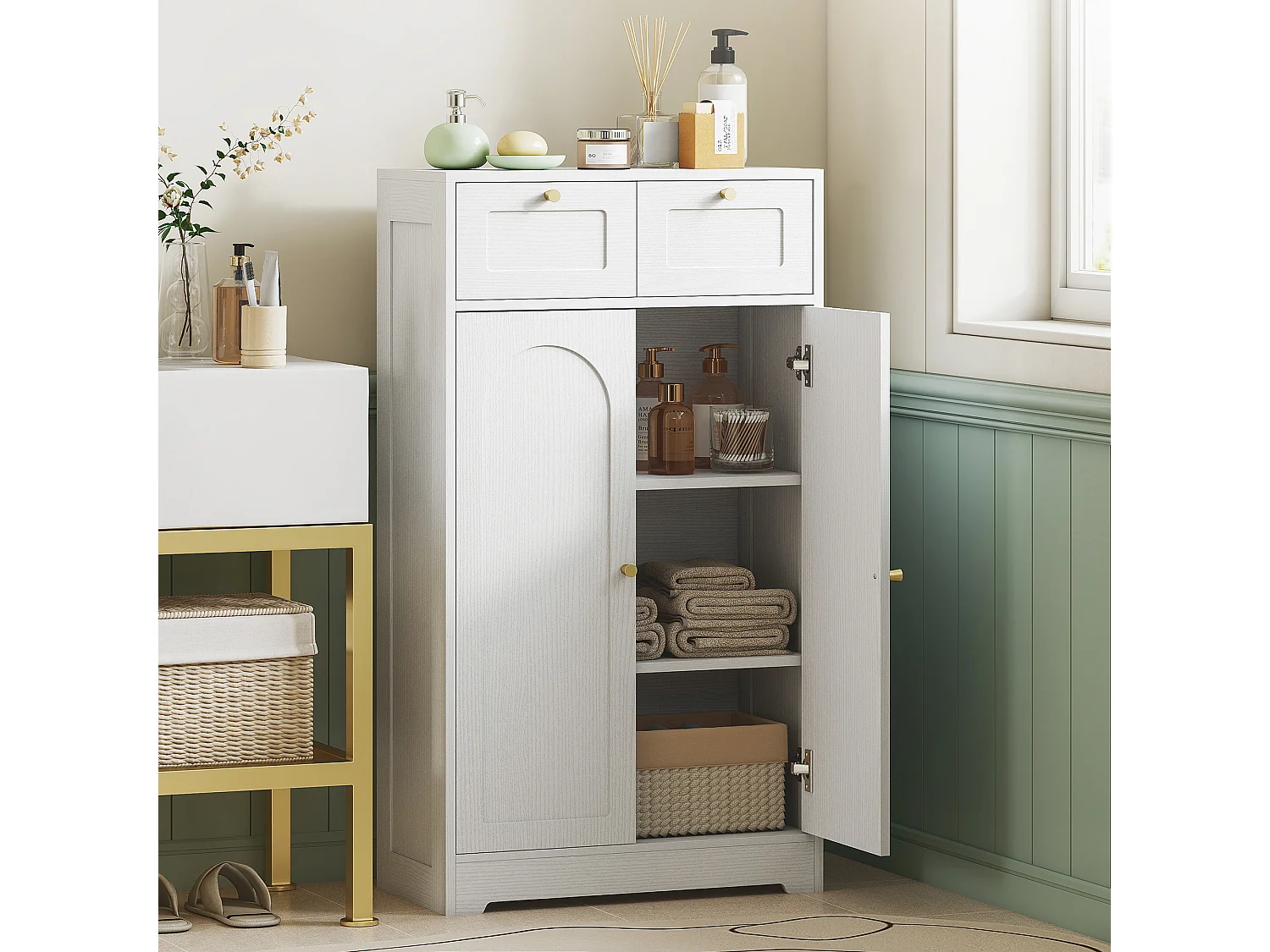 Meuble de salle de bain avec 2 tiroirs, double porte arquée et étagères réglables, armoire salle de bain, salon, chambre, 60 x 30 x 108 cm, blanc