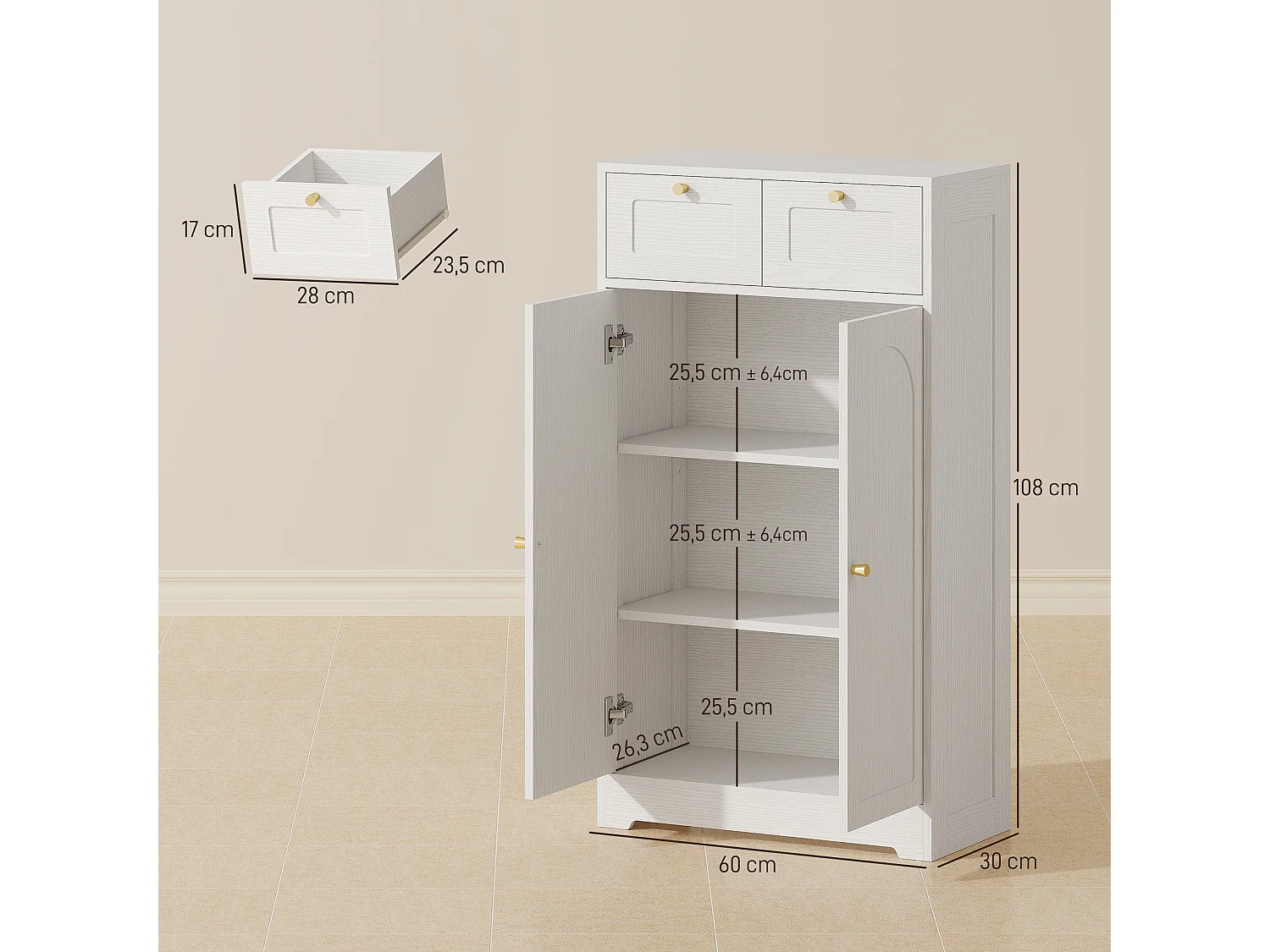 Meuble de salle de bain avec 2 tiroirs, double porte arquée et étagères réglables, armoire salle de bain, salon, chambre, 60 x 30 x 108 cm, blanc