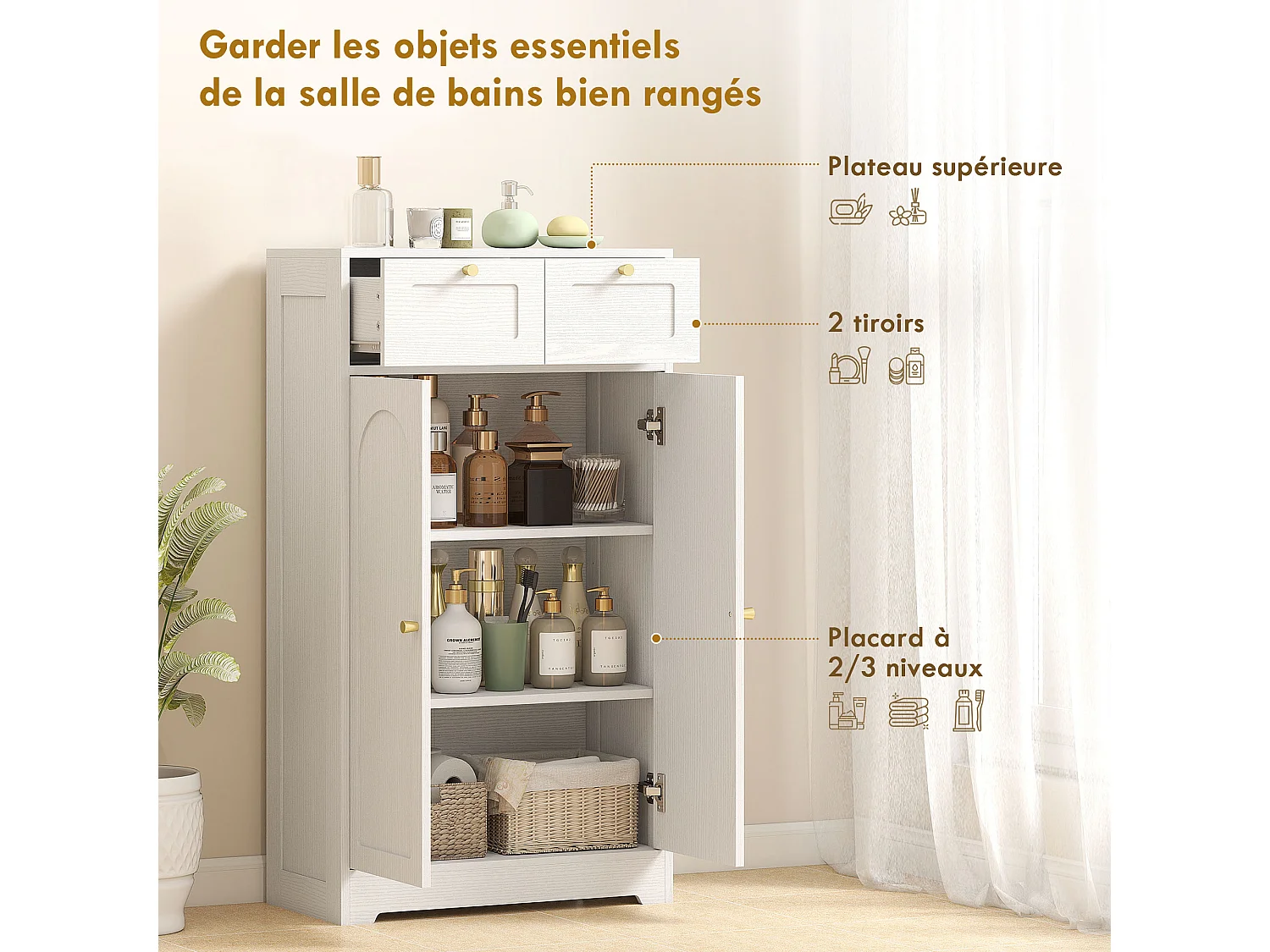 Meuble de salle de bain avec 2 tiroirs, double porte arquée et étagères réglables, armoire salle de bain, salon, chambre, 60 x 30 x 108 cm, blanc